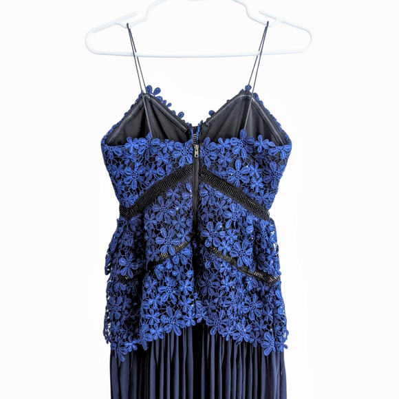 Self-Portrait Lace Double Peplum Tiered Pleated Navy Blue Midi Dress Size 2 - Picture 5 of 11